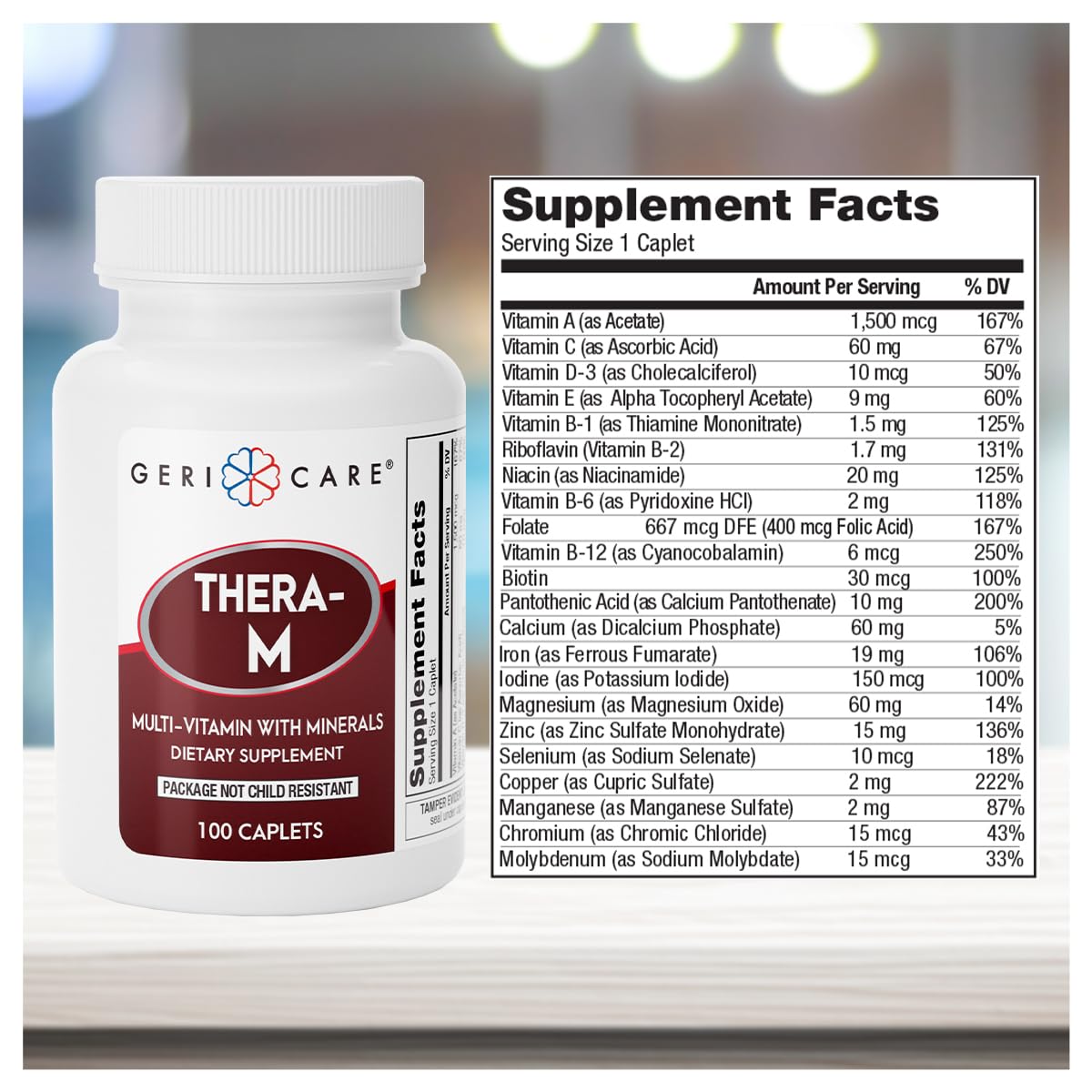 Nutrition facts label of Thera M with essential vitamins and minerals.