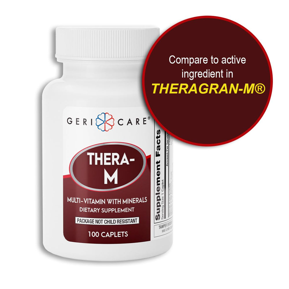 GeriCare Thera M tablet closeup highlights caplet texture and nutrients.