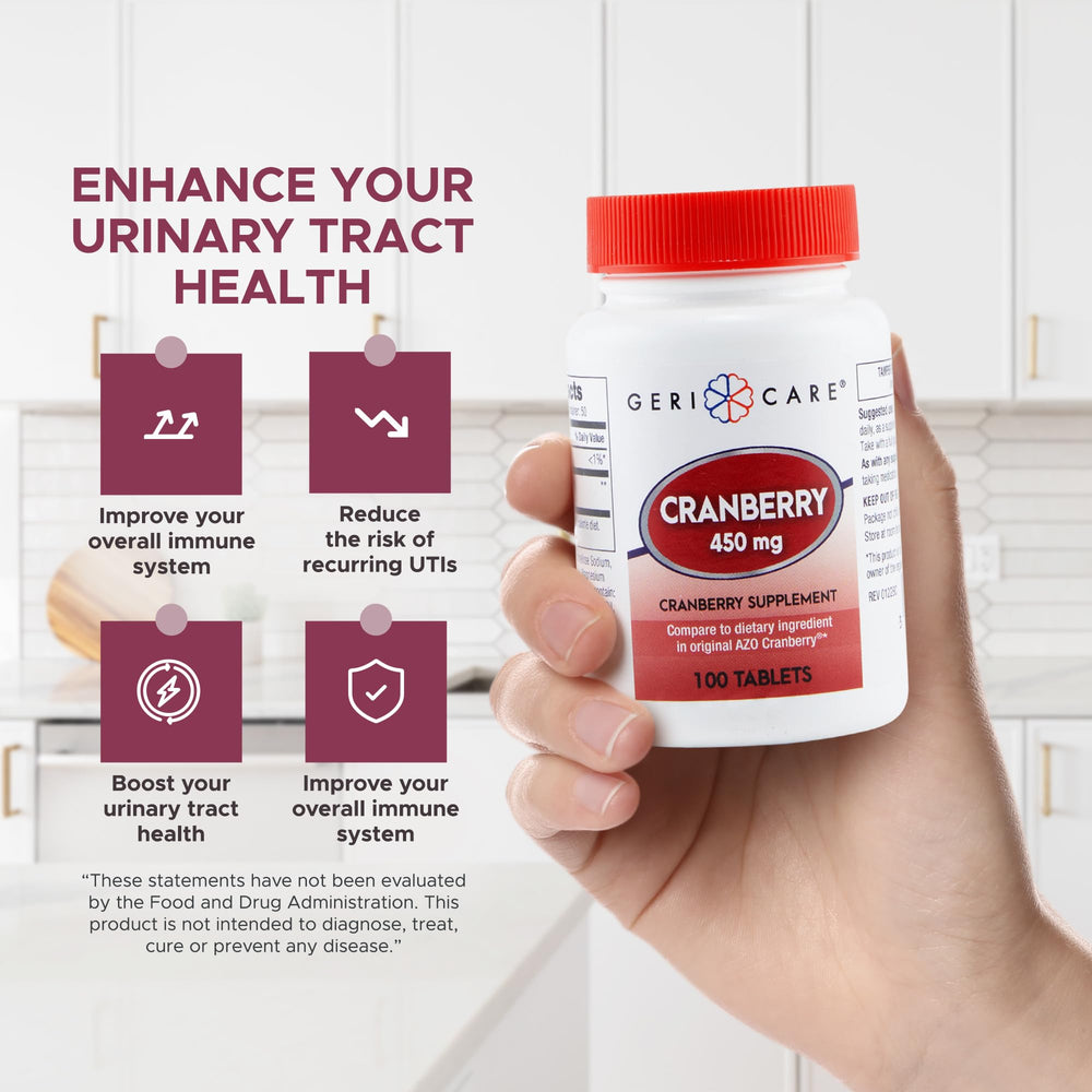 GeriCare two tablets daily use shown with water for easy dosing.