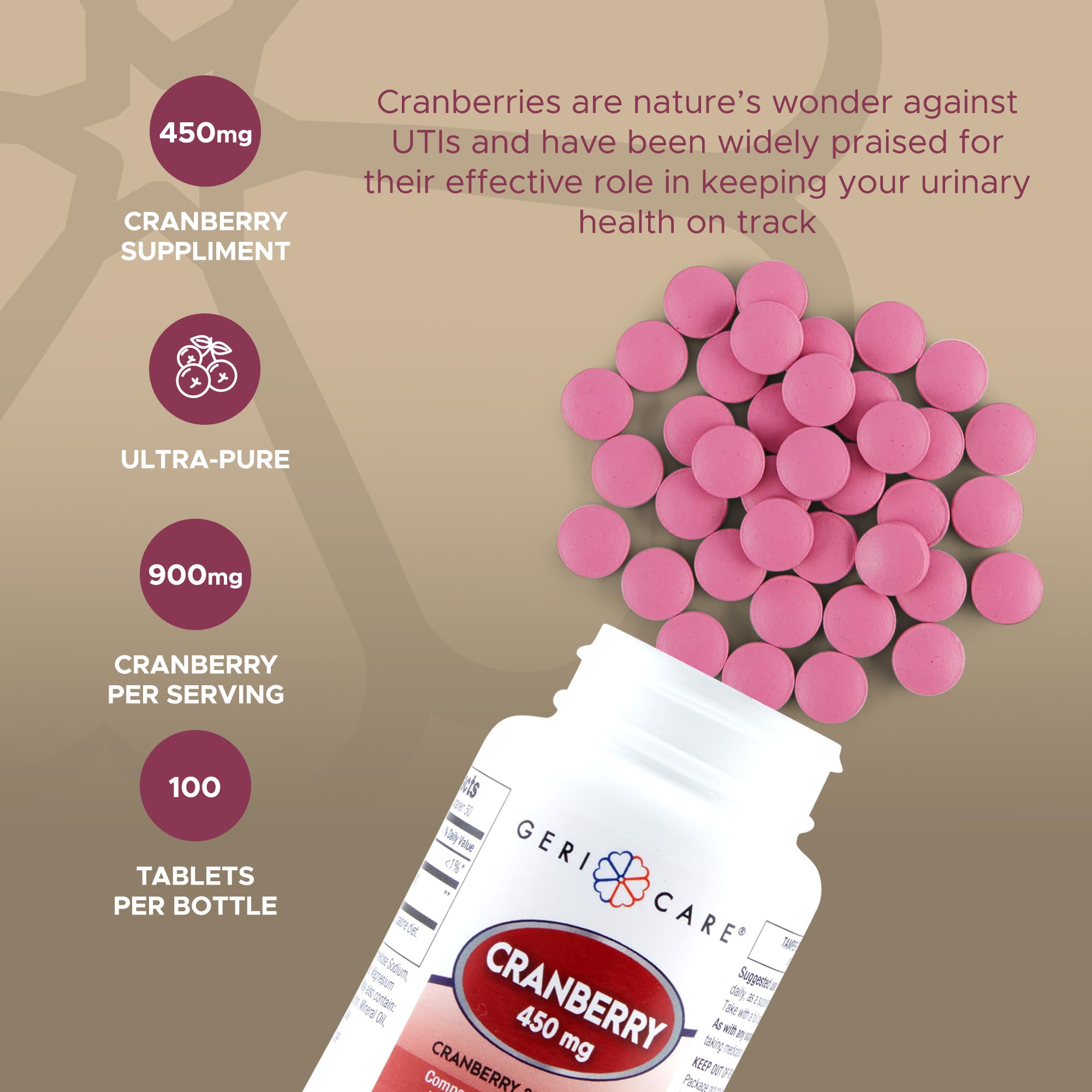 GeriCare vegan cranberry tablets 450mg for a plant-based wellness routine.