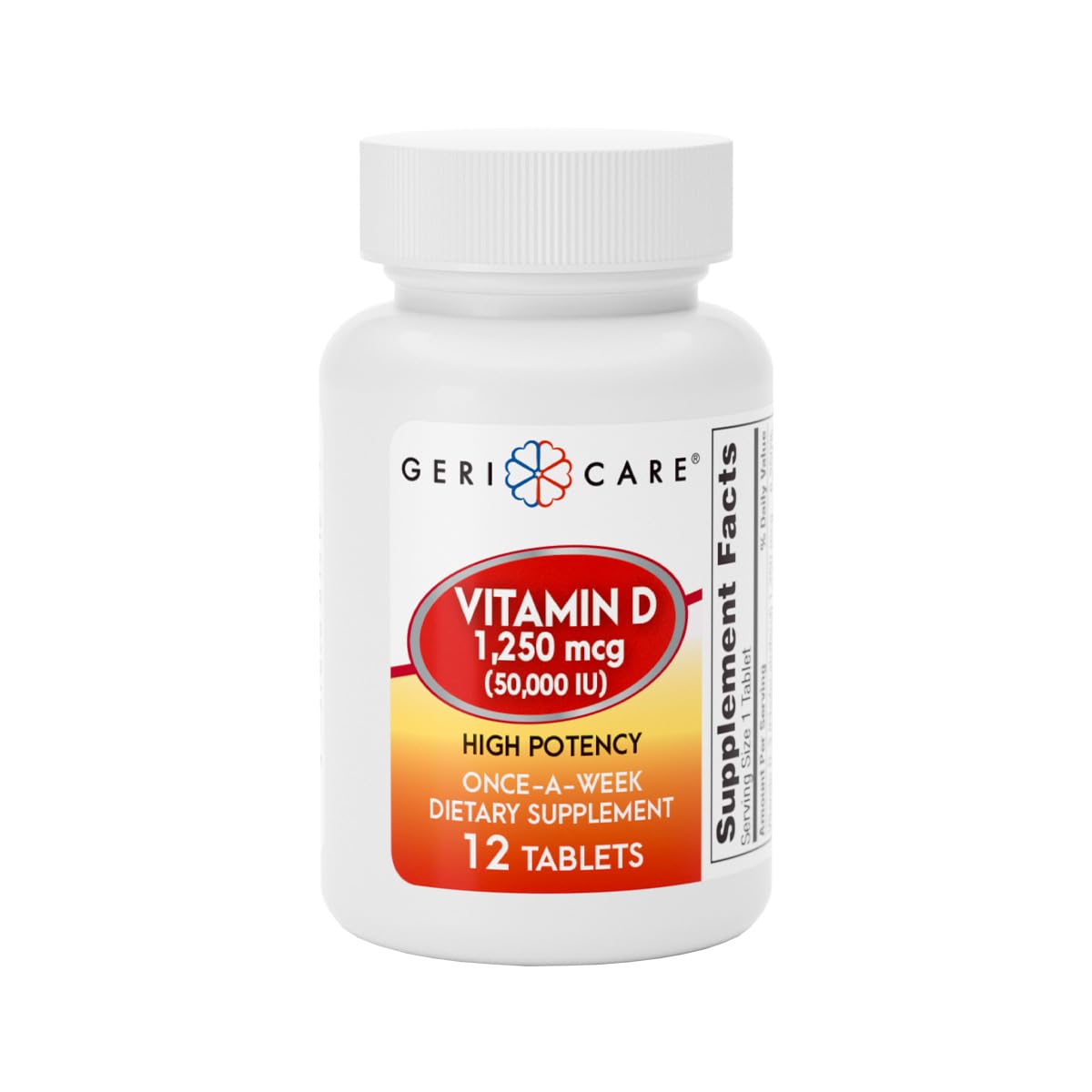 GeriCare Vitamin D 1,250 mcg bottle front view highlighting high potency for bone health.
