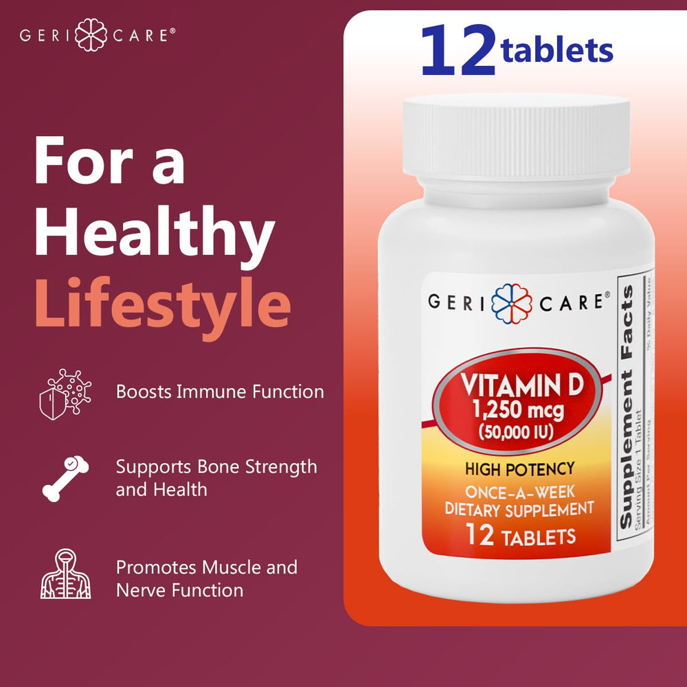 Close-up of the GeriCare D label showing 1,250 mcg potency and weekly dosage.