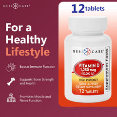 Close-up of the GeriCare D label showing 1,250 mcg potency and weekly dosage.