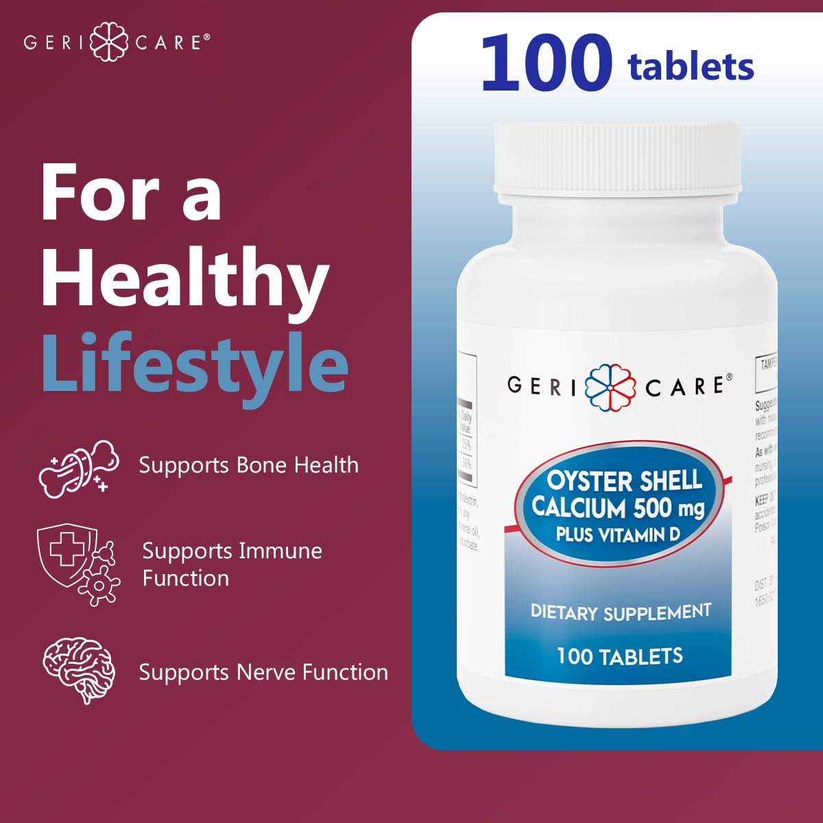 GeriCare vitamin D-3 tablets supporting calcium absorption and immune wellness.