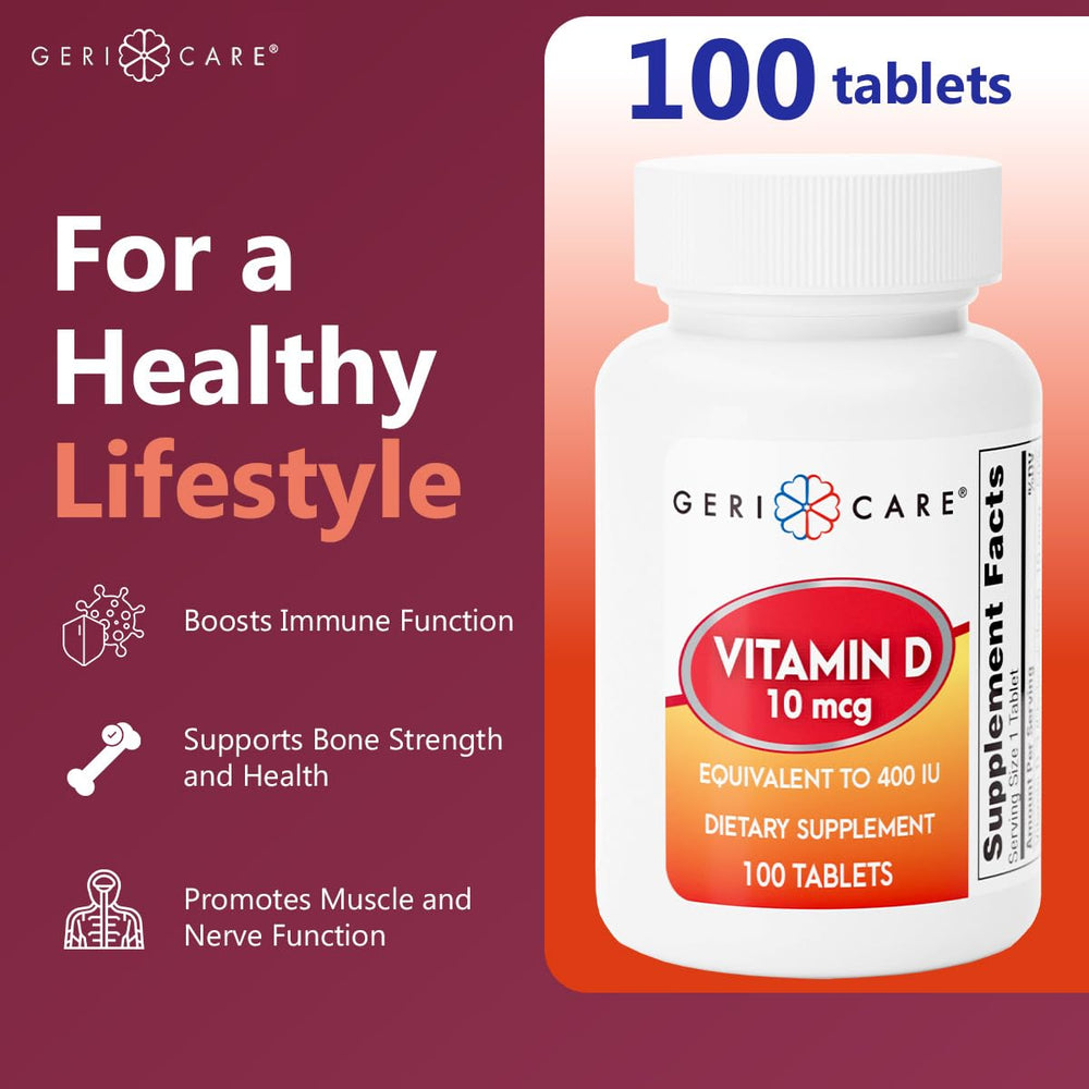 GeriCare Vitamin D 400 IU tablets pouring from the bottle