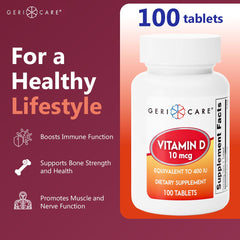 GeriCare Vitamin D 400 IU tablets pouring from the bottle