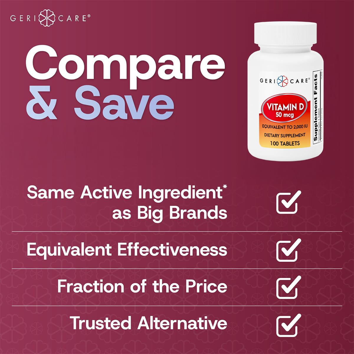 GeriCare Vitamin D 50mcg bottle with glass ready for daily use.