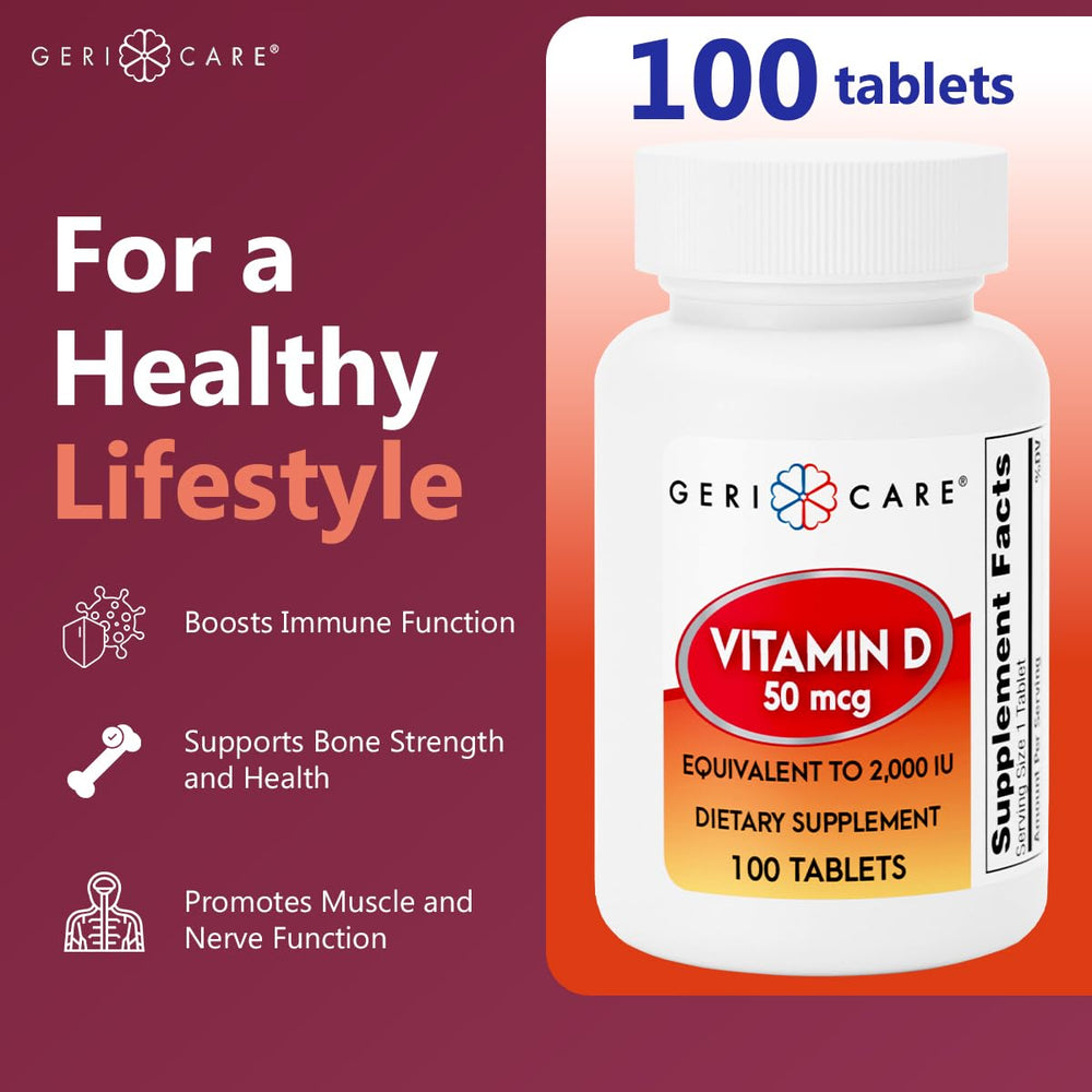 GeriCare Vitamin D 50mcg capsules close-up for daily bone and muscle support.