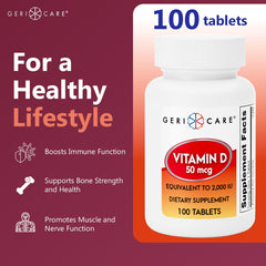 GeriCare Vitamin D 50mcg capsules close-up for daily bone and muscle support.