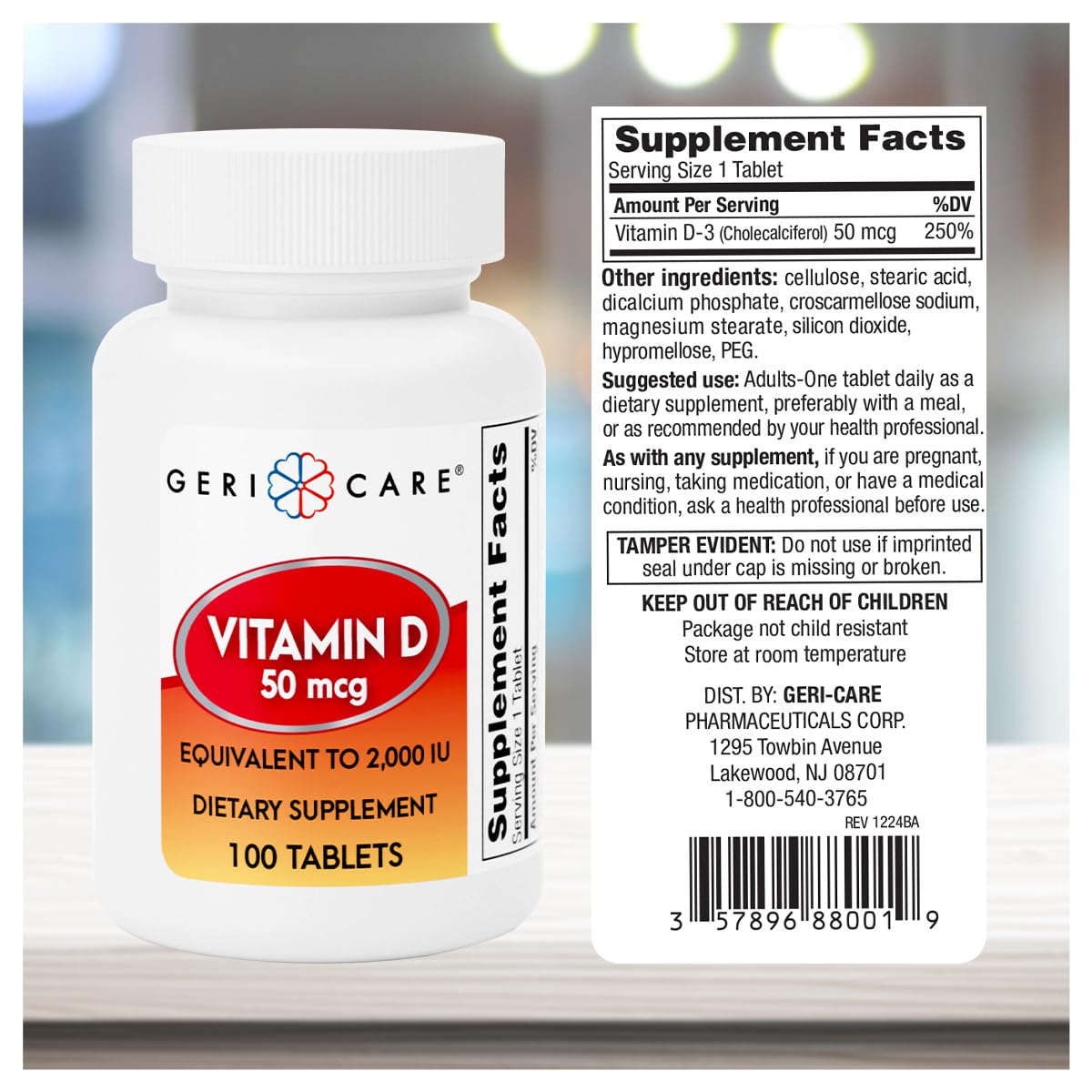 GeriCare Vitamin D 50mcg label close-up emphasizing immune support and calcium absorption.