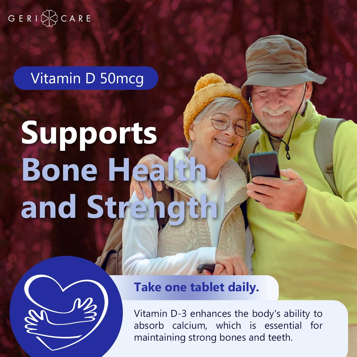 GeriCare Vitamin D 50mcg USA-made label close-up signaling trusted quality.