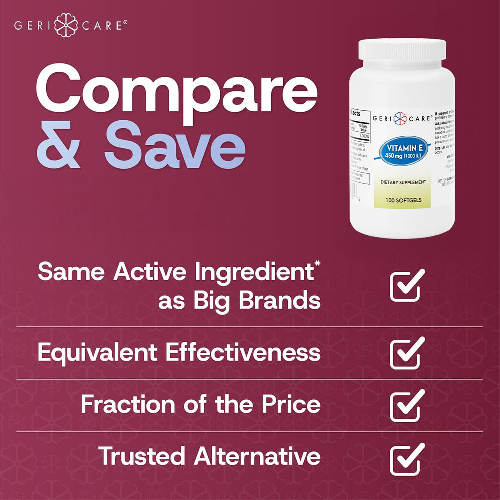 GeriCare vitamin E 1000 IU softgels close-up suitable for daily wellness.