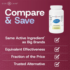 GeriCare vitamin E 1000 IU softgels close-up suitable for daily wellness.