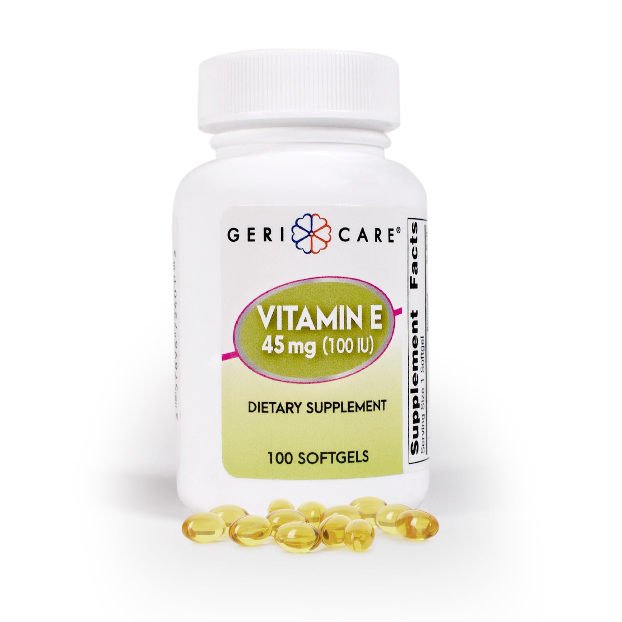 GeriCare Vitamin E 100IU bottle 100-count—daily antioxidant support for skin and immunity.