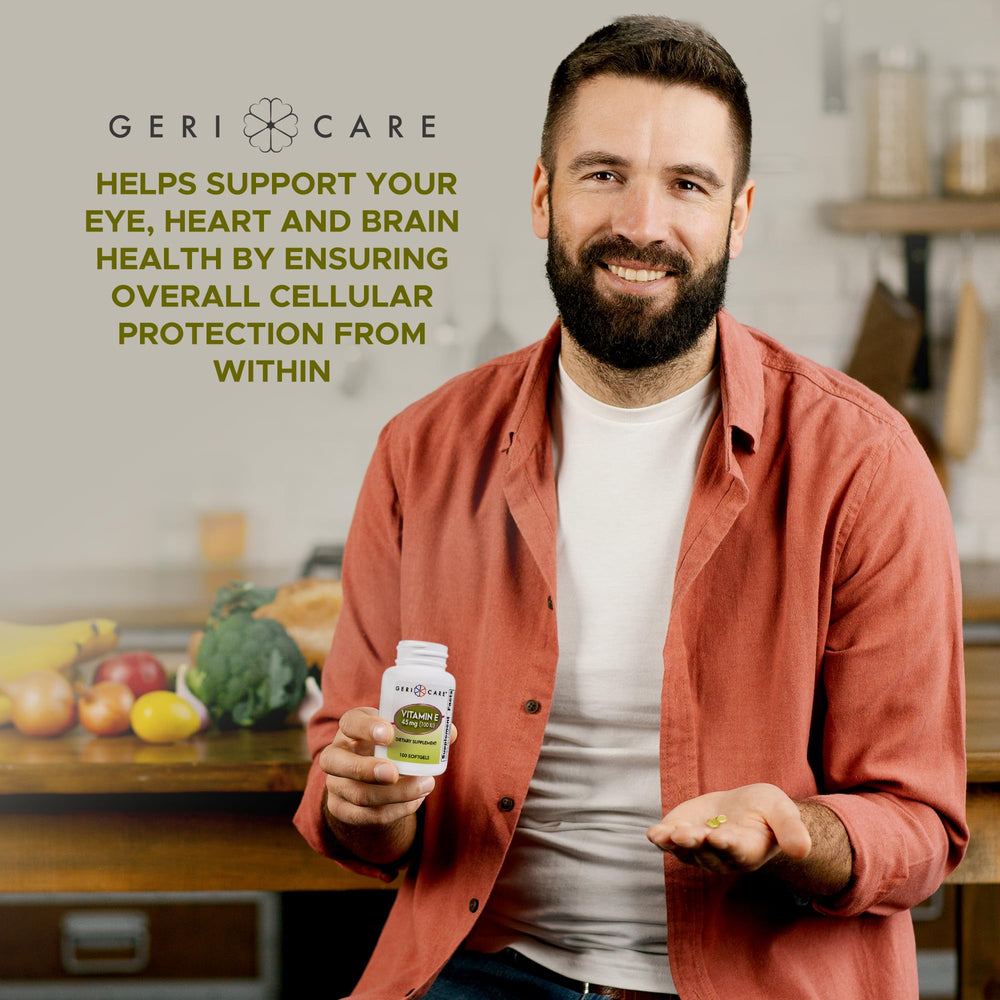 GeriCare Vitamin E immunity-angle—capsules arranged for a healthy routine.