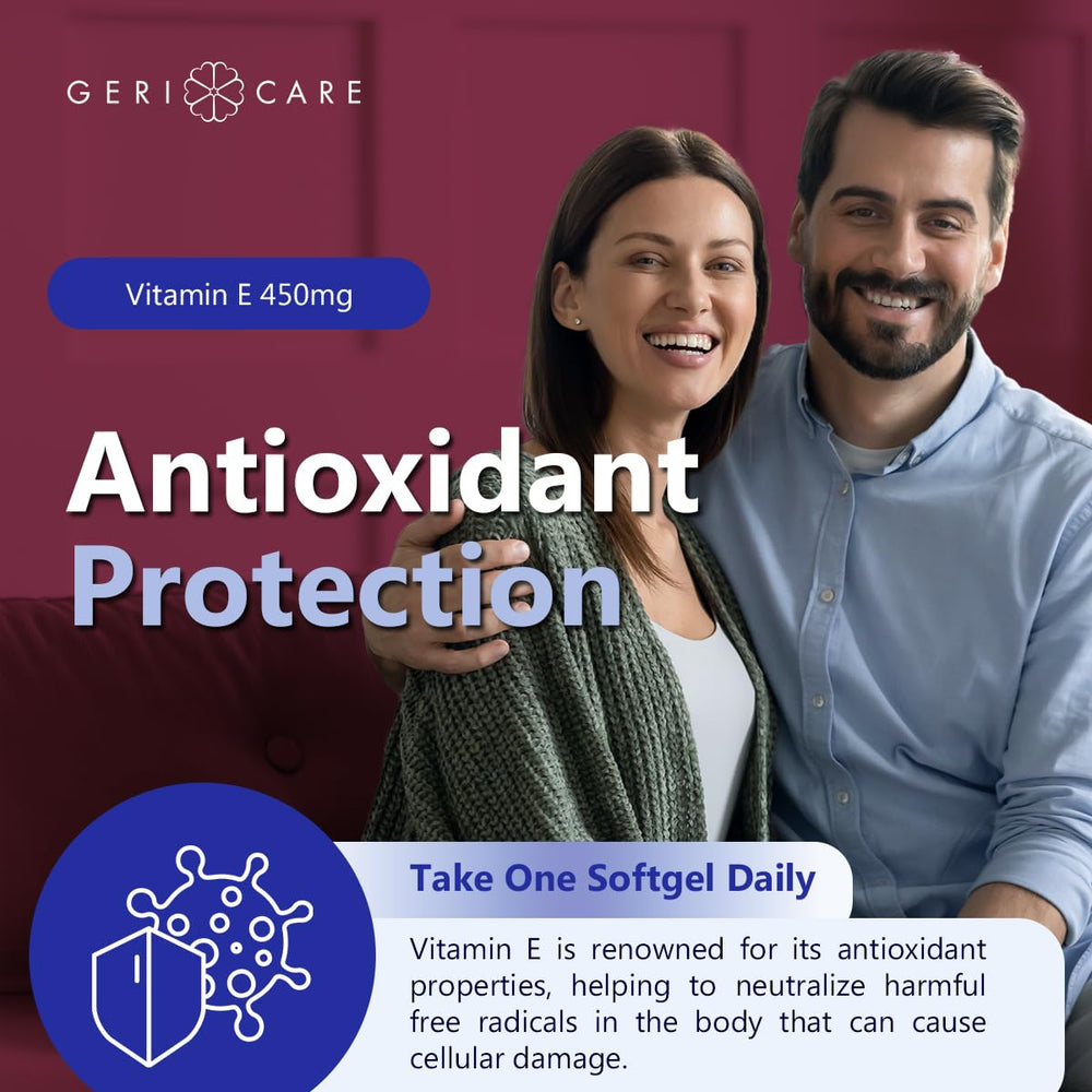 GeriCare vitamin E bottle highlighting non-GMO and gluten-free qualities.
