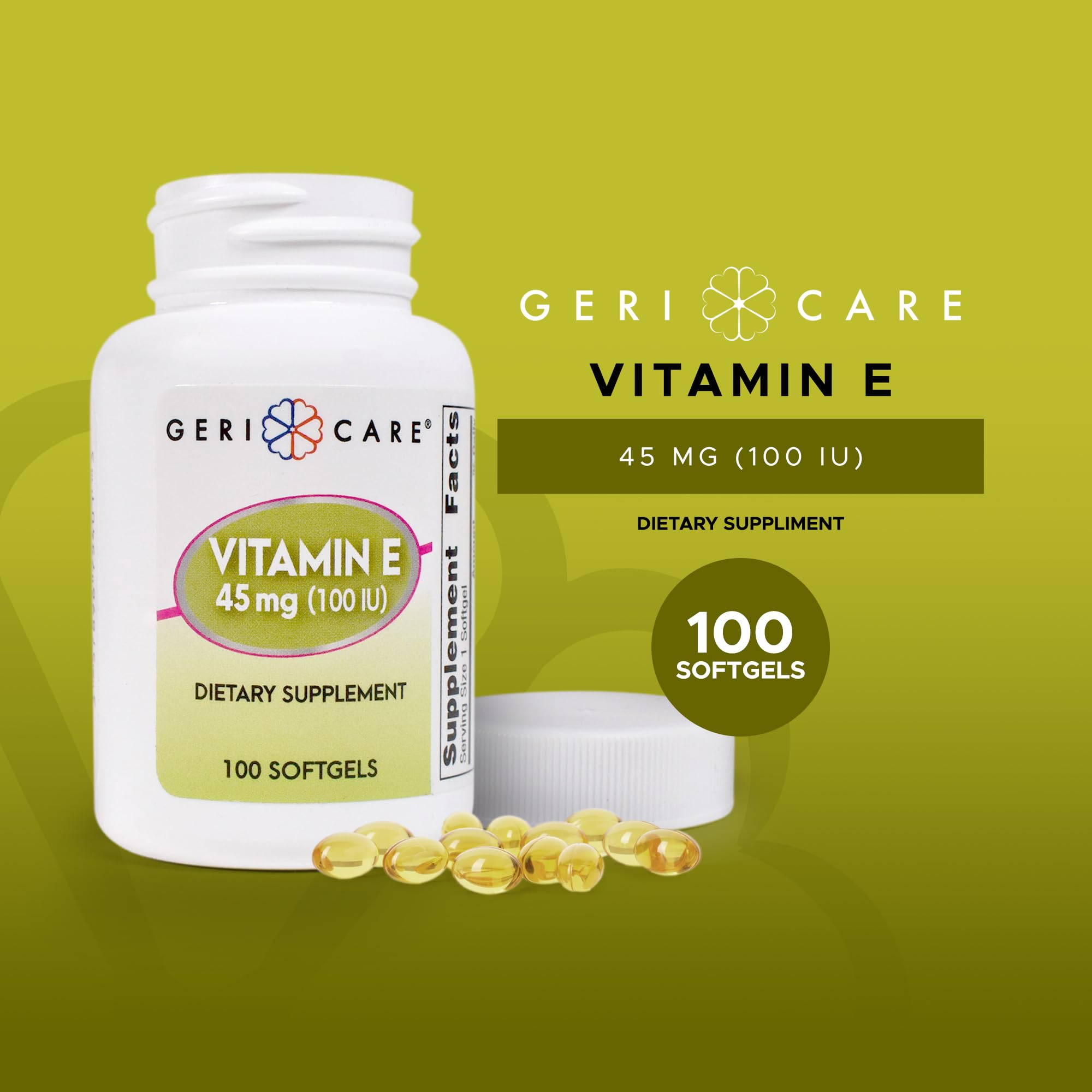 GeriCare softgels amber bottle—400IU capsules for balanced antioxidant support.