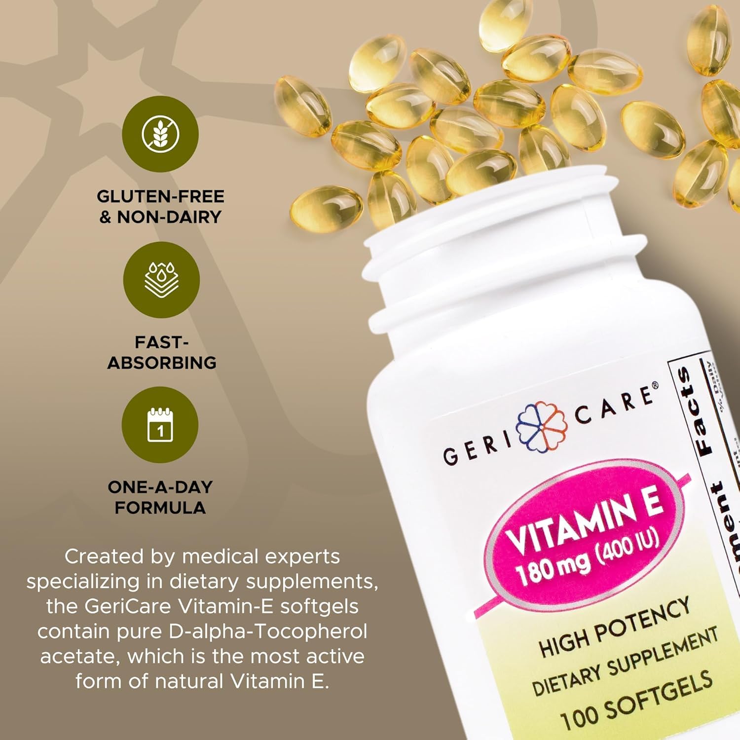 Close-up of GeriCare Vitamin E softgels ready for daily use