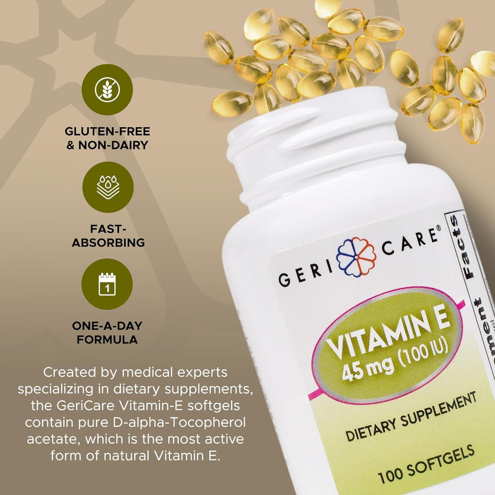 GeriCare Vitamin E softgels capsules inside bottle for daily supplementation.