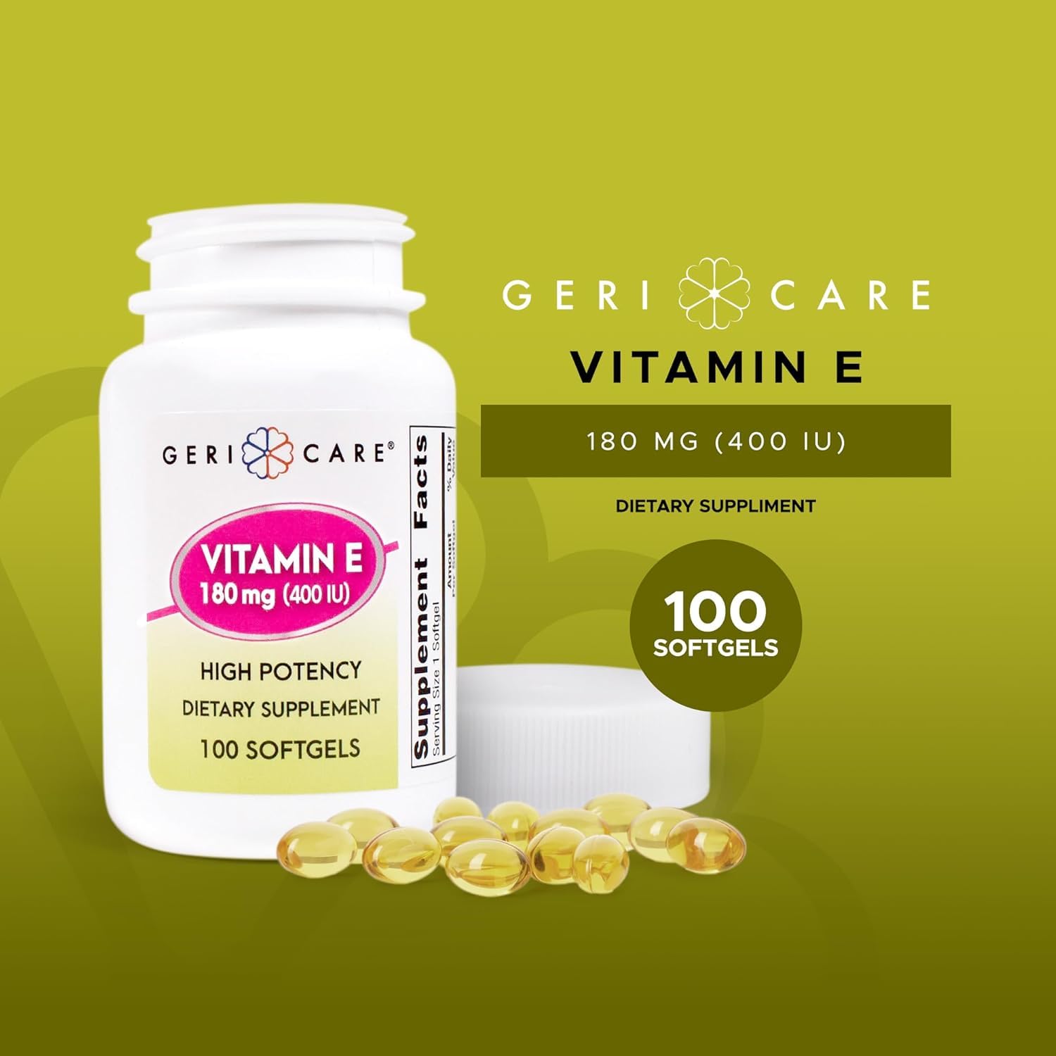 Compact GeriCare Vitamin E bottle on a bathroom shelf for daily ritual