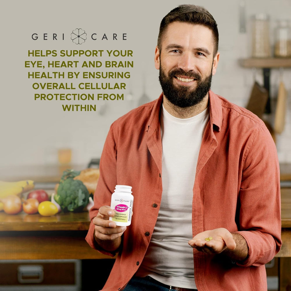 GeriCare bottle label highlighting gluten-free and non-GMO