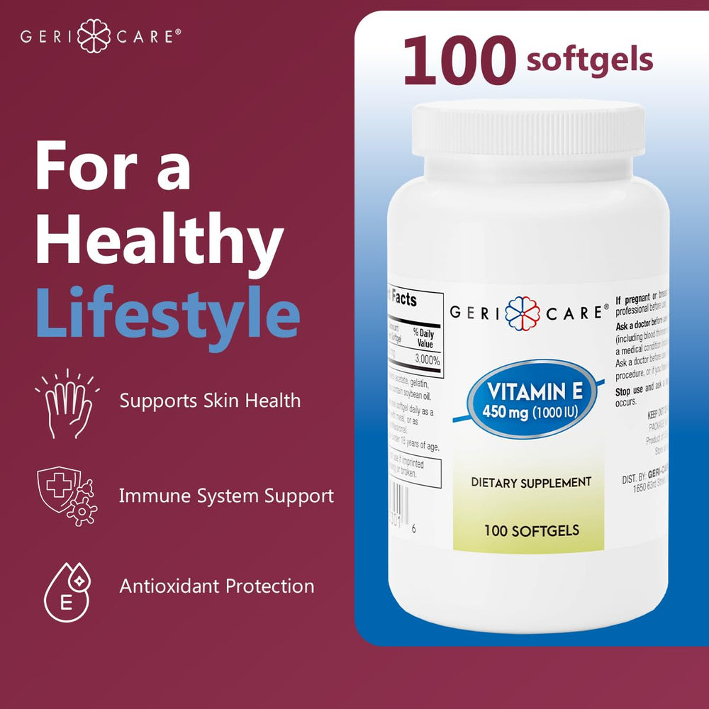 GeriCare vitamin E softgels pouring out of bottle for easy intake.