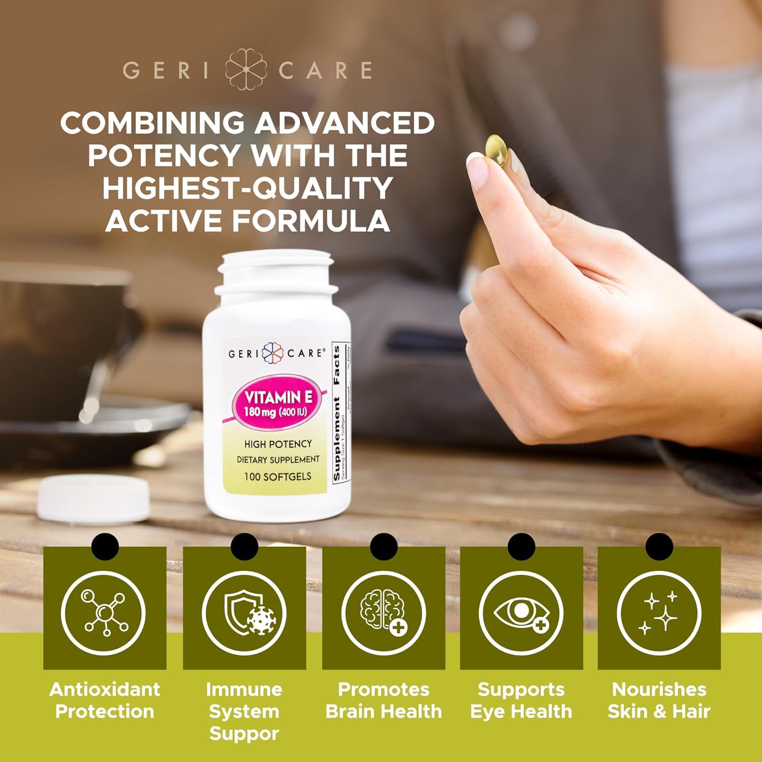 GeriCare Vitamin E softgels supporting skin hydration and elasticity