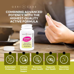 GeriCare Vitamin E softgels supporting skin hydration and elasticity