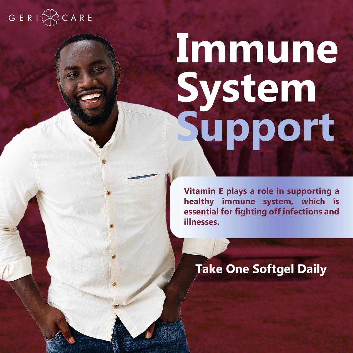GeriCare vitamin E supports healthy skin and immune wellness in daily routine.