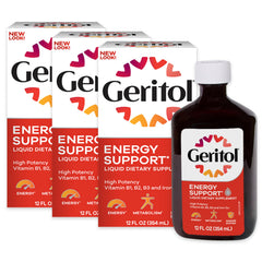 Geritol bottle pour shows easy-to-dose liquid energy support.