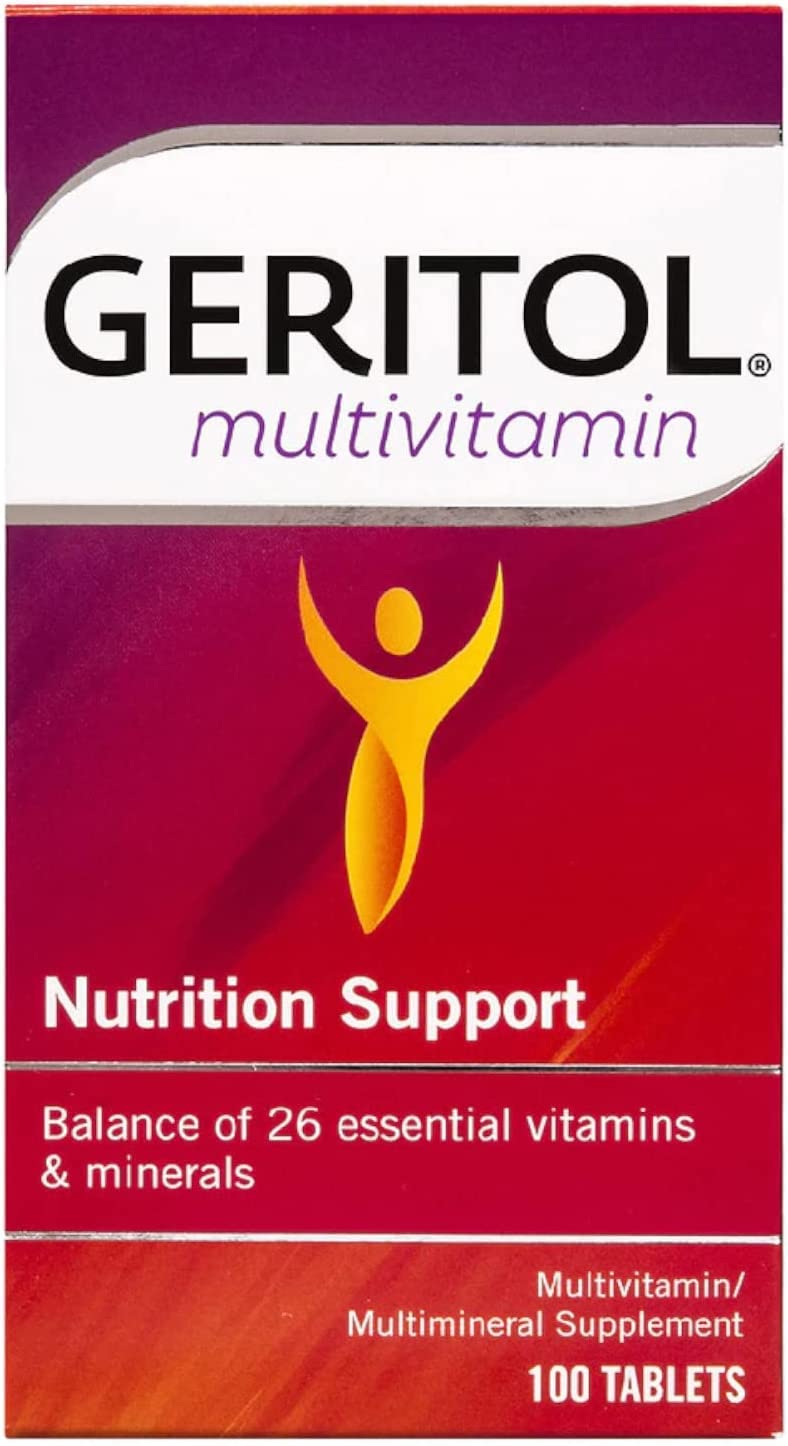 Geritol Complete tablets bottle front, hinting at a balanced daily multivitamin for energy