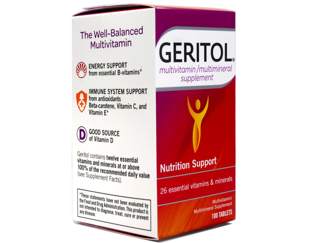 Geritol Complete label close-up, 26 nutrients at a glance
