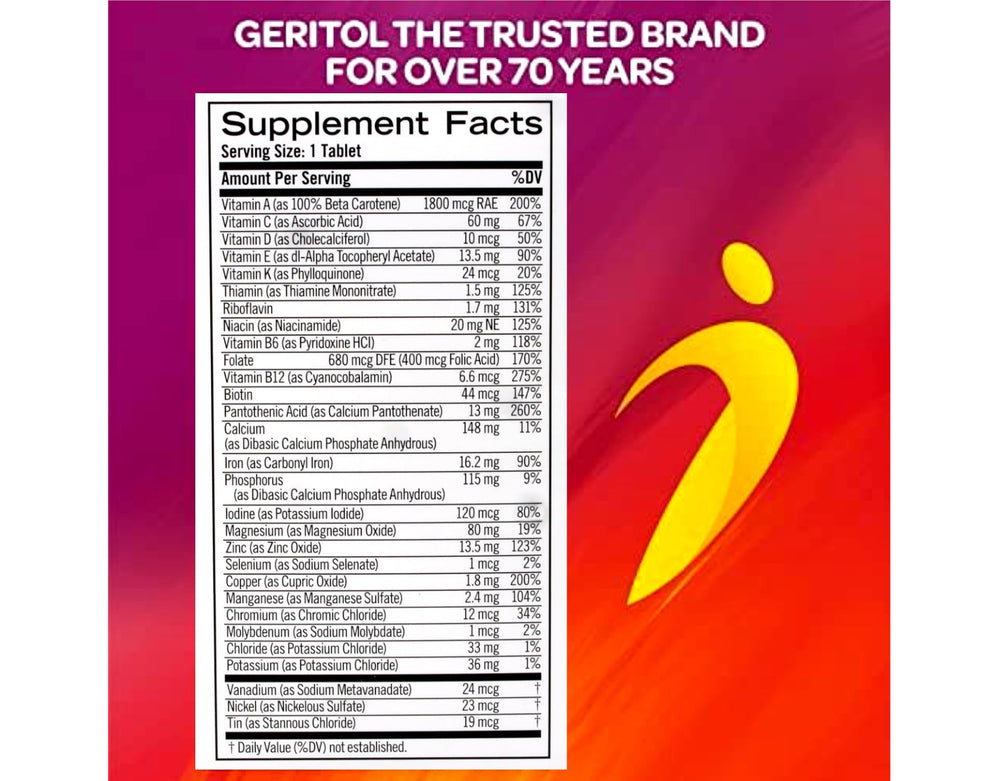 Geritol Complete tablets close-up, all-day vitamin and mineral balance