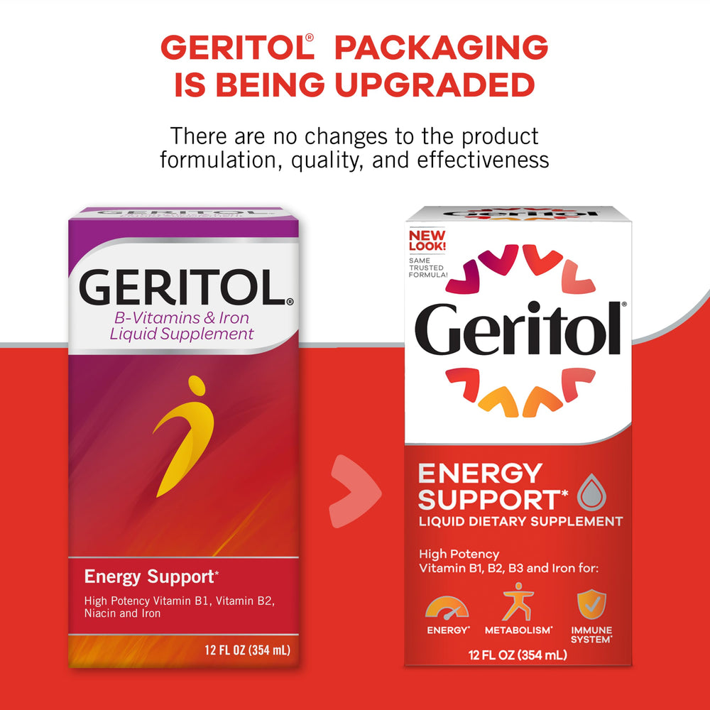 Geritol liquid after-meal use setup illustrates recommended daily routine