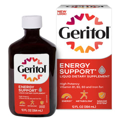 Geritol liquid bottle closeup showing trusted energy support for adults