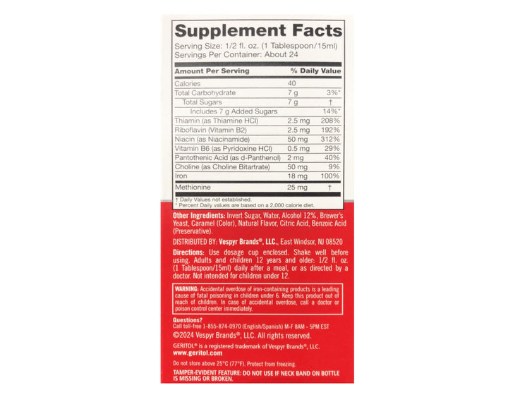Geritol Liquid Energy bottle dispense illustrates simple serving during the day.