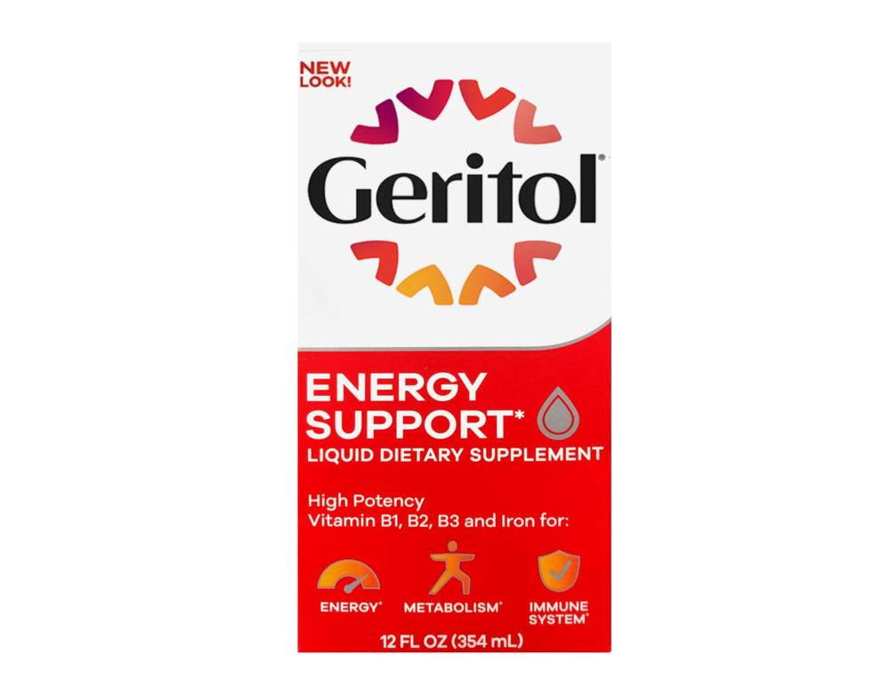 Geritol Liquid Energy bottle label closeup highlights B-vitamins and iron benefits.