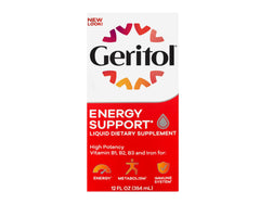 Geritol Liquid Energy bottle label closeup highlights B-vitamins and iron benefits.
