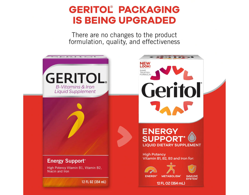 Geritol Liquid Energy bottle side view emphasizes compact bottle design.