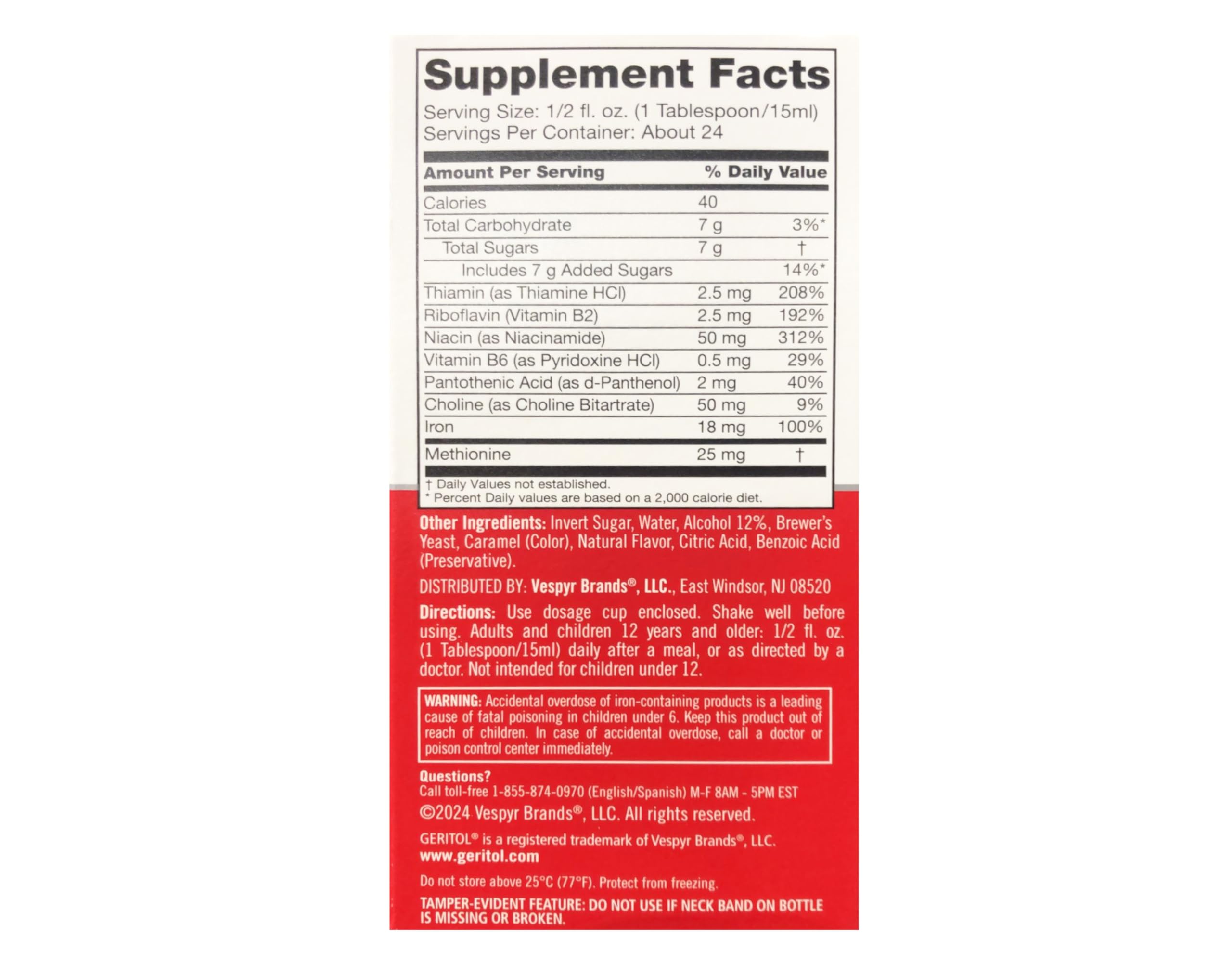 Close up of high potency B vitamins in Geritol liquid formula