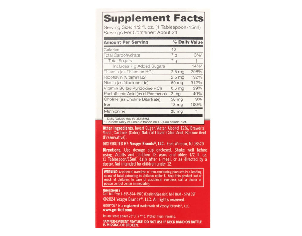 Close up of high potency B vitamins in Geritol liquid formula