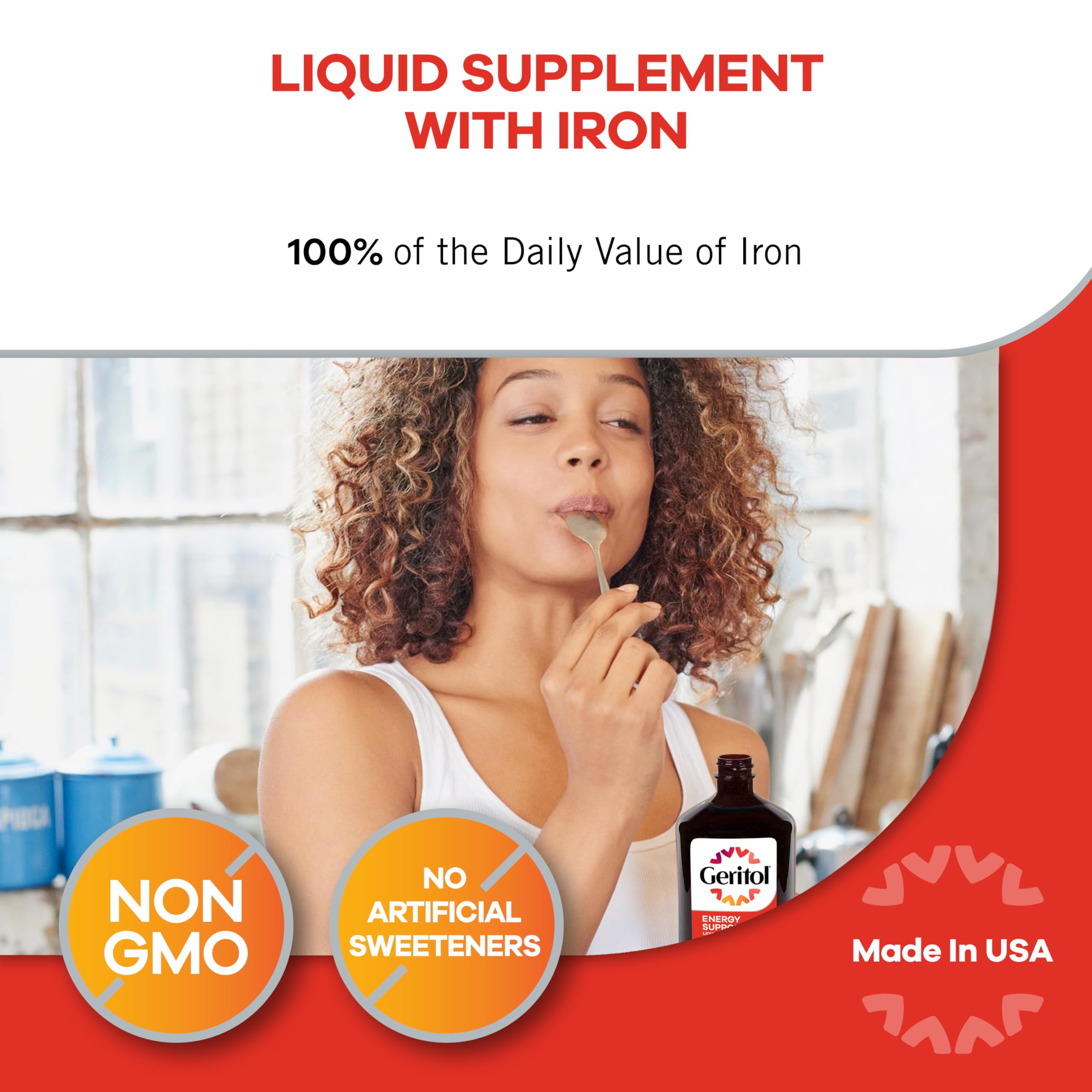 Geritol liquid label detail highlights no artificial sweeteners and non-GMO