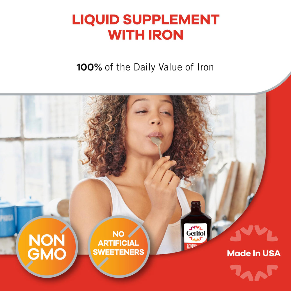 Geritol liquid label detail highlights no artificial sweeteners and non-GMO