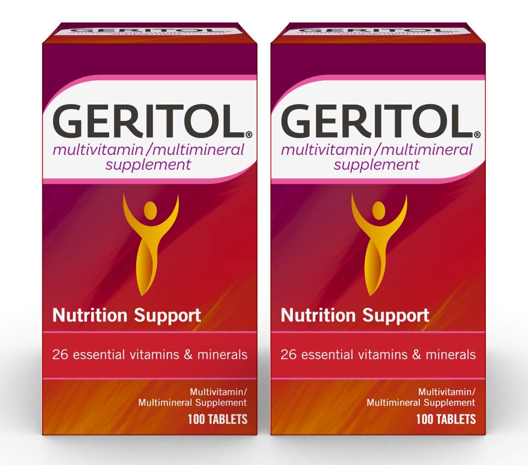 Geritol multivitamin bottle front promotes trusted daily nutrition support.