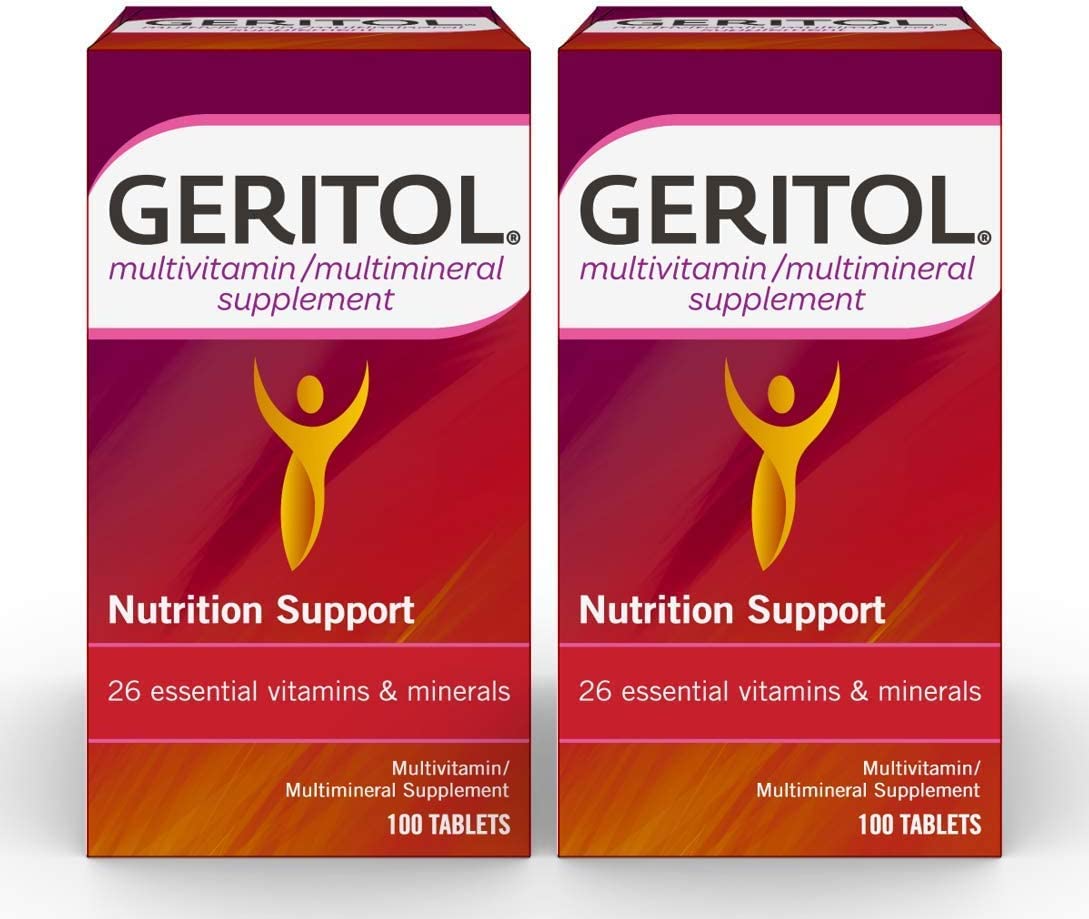 Geritol multivitamin bottle front view illustrating complete daily nutrients for balanced nutrition