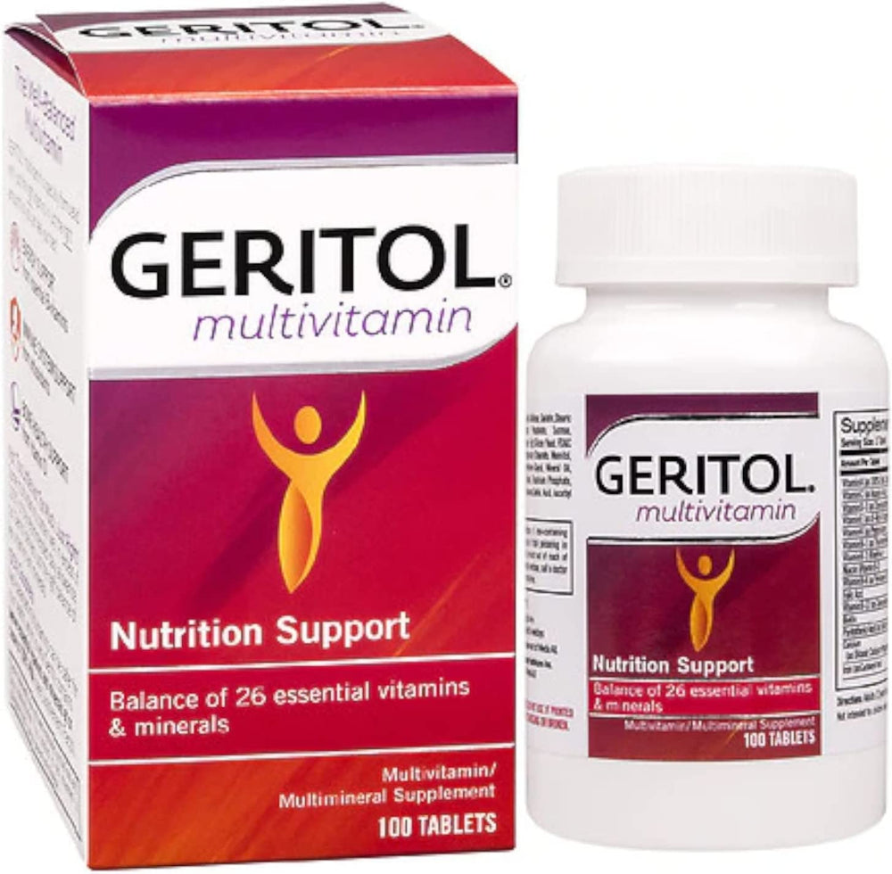 Geritol bottle with glass ready for daily supplement ritual