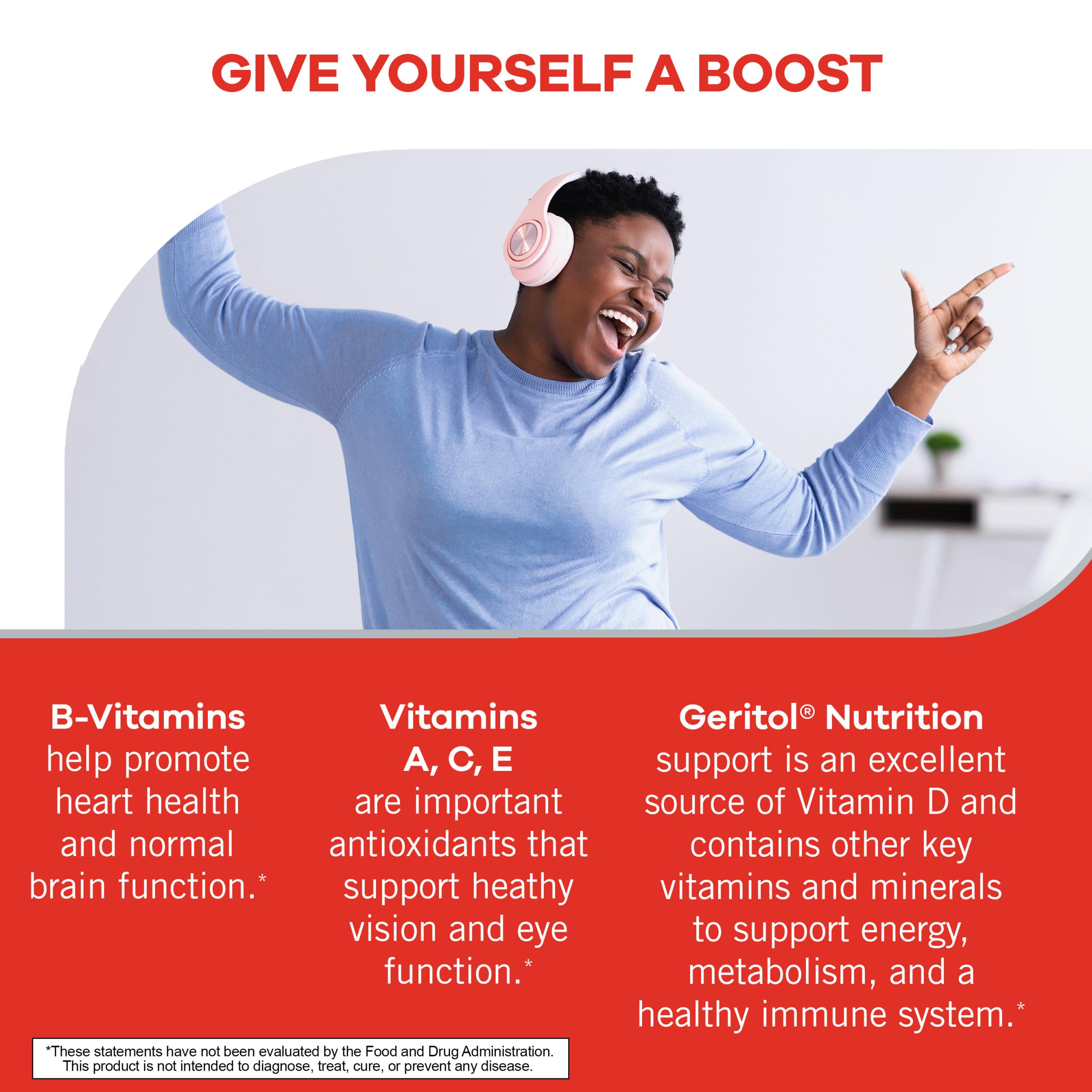 Geritol label detail, ingredients and gluten-free non-GMO claim.