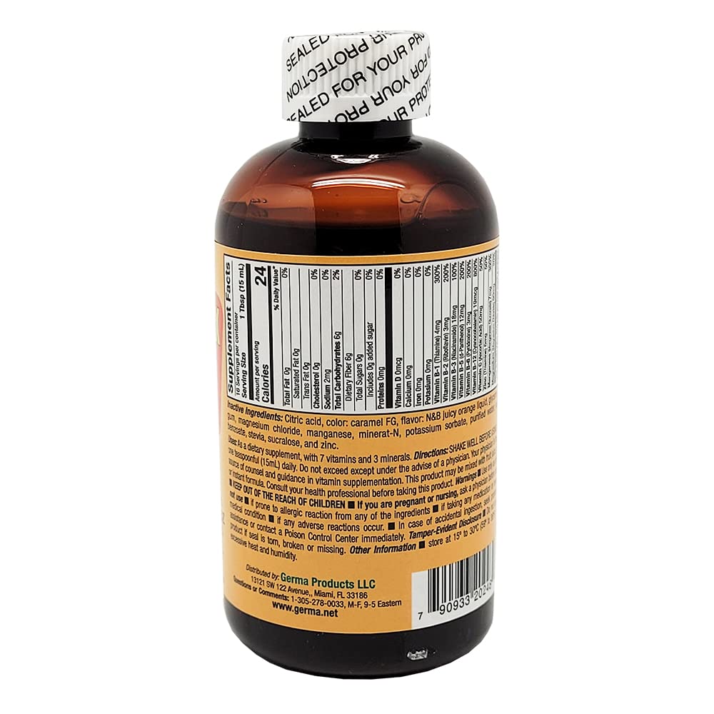 Germa B-Complex Syrup bottle pour showing smooth orange taste.