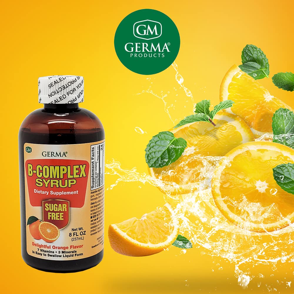 Germa B-Complex Syrup nutrition label emphasizes Vitamin C and Zinc blend.