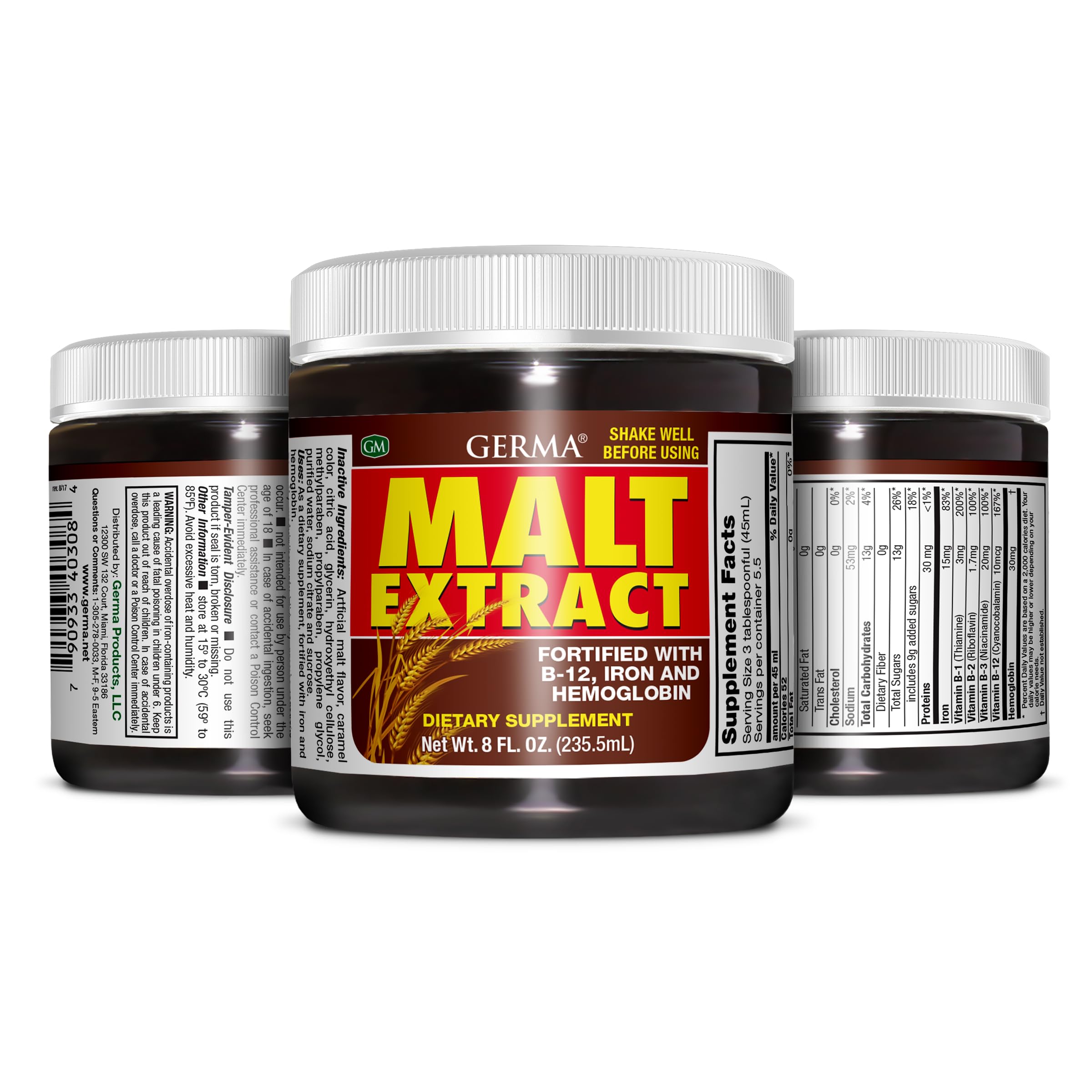 Germa malt extract bottle front showing fortified nutrients for daily support.